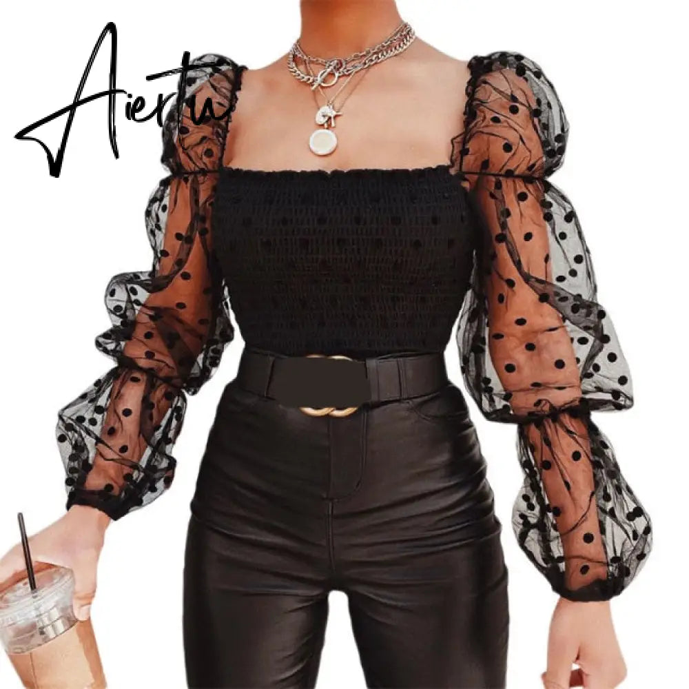 AIERTU Shirts Women Blouse Female Fashion Long Puff Sleeve Solid Top Femme Casual Transparent Blusas Top Plus Size Womens Tunic Aiertu