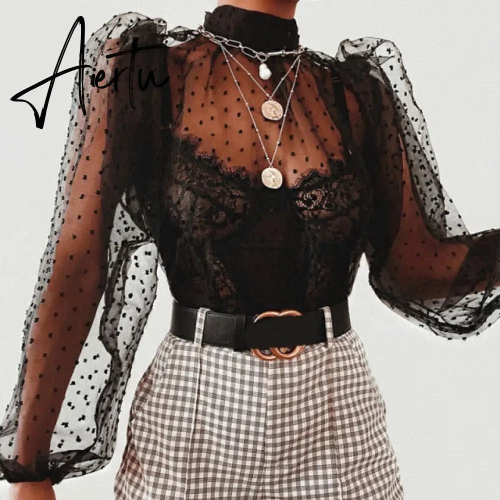 AIERTU Shirts Women Blouse Female Fashion Long Puff Sleeve Solid Top Femme Casual Transparent Blusas Top Plus Size Womens Tunic Aiertu