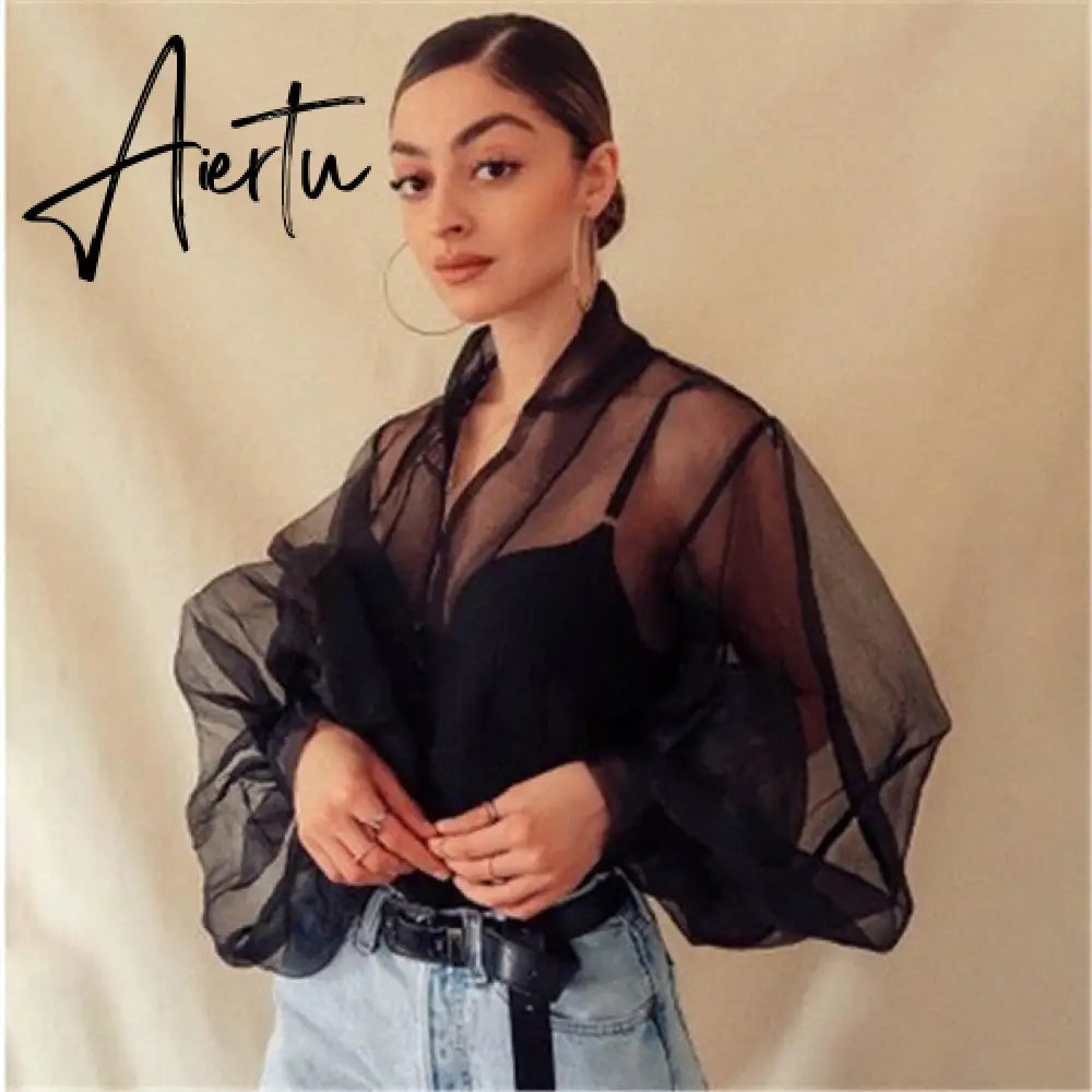 AIERTU Shirts Women Blouse Female Fashion Long Puff Sleeve Solid Top Femme Casual Transparent Blusas Top Plus Size Womens Tunic Aiertu