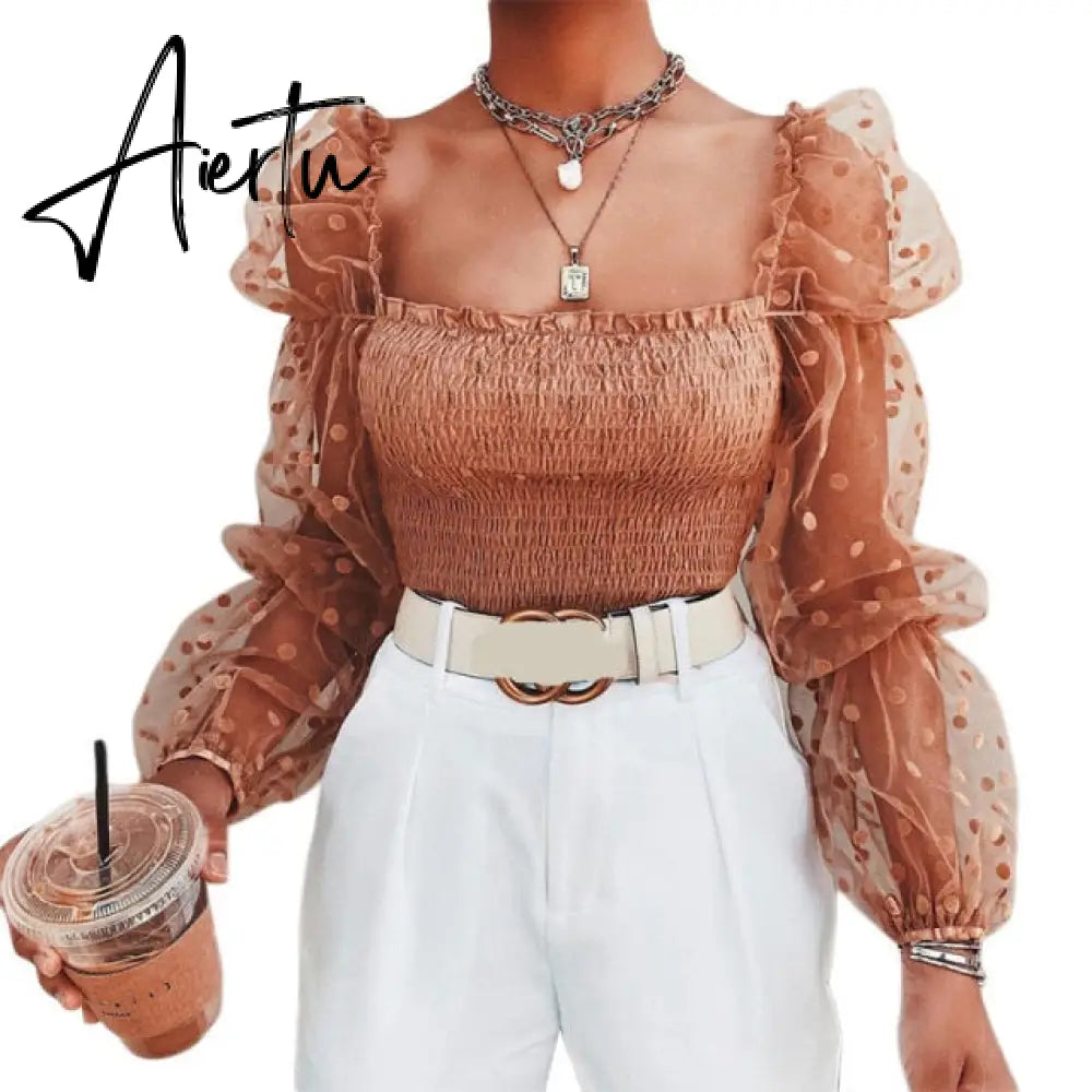 AIERTU Shirts Women Blouse Female Fashion Long Puff Sleeve Solid Top Femme Casual Transparent Blusas Top Plus Size Womens Tunic Aiertu