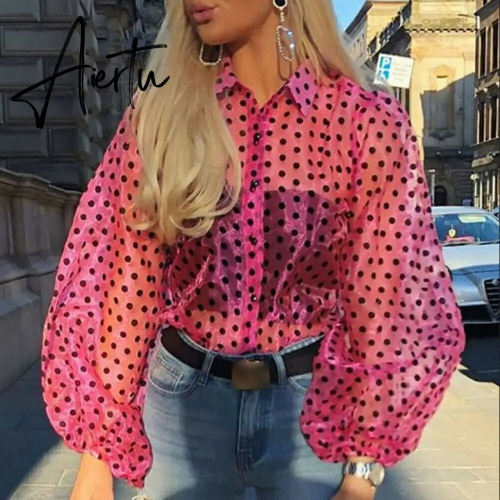 AIERTU Shirts Women Blouse Female Fashion Long Puff Sleeve Solid Top Femme Casual Transparent Blusas Top Plus Size Womens Tunic Aiertu