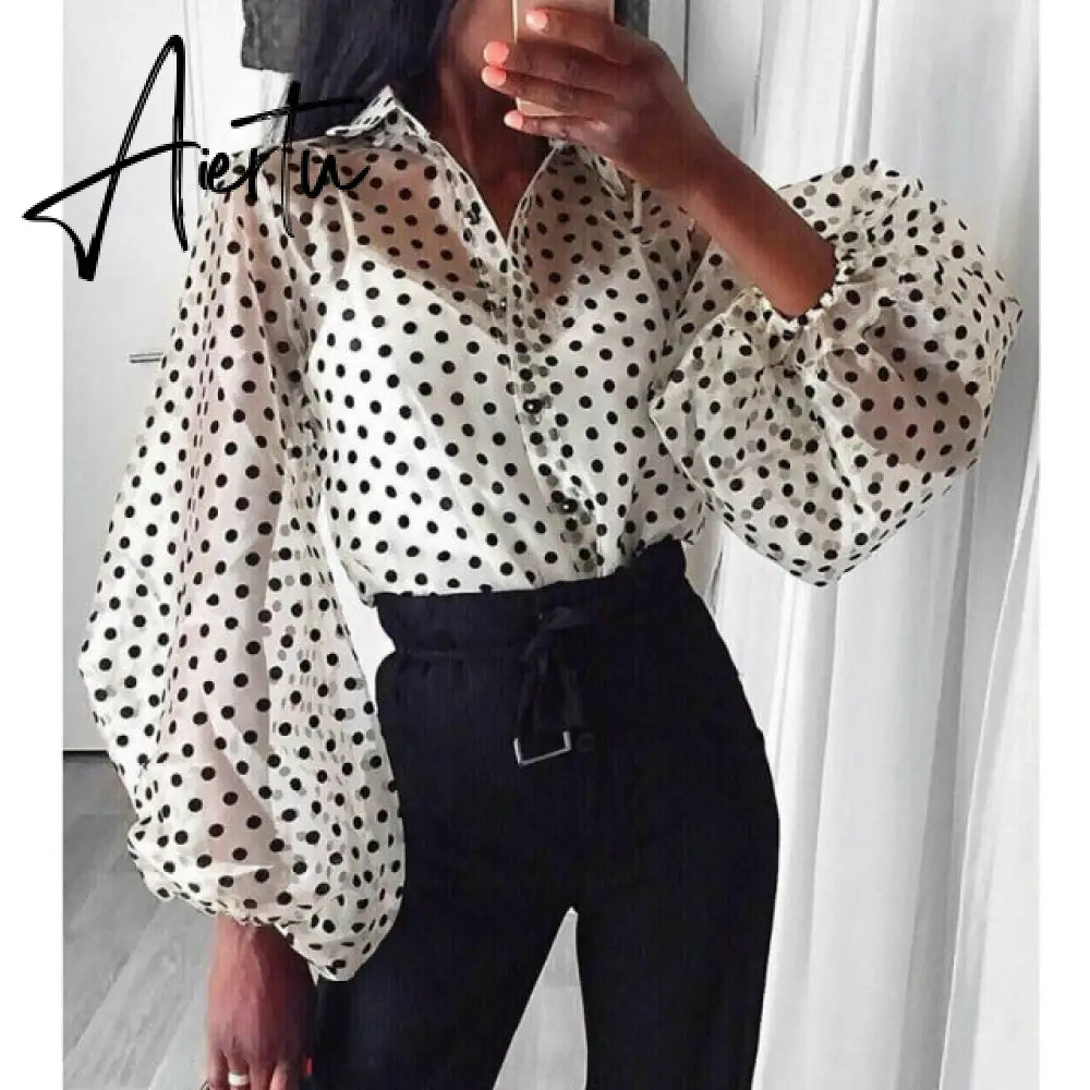 AIERTU Shirts Women Blouse Female Fashion Long Puff Sleeve Solid Top Femme Casual Transparent Blusas Top Plus Size Womens Tunic Aiertu