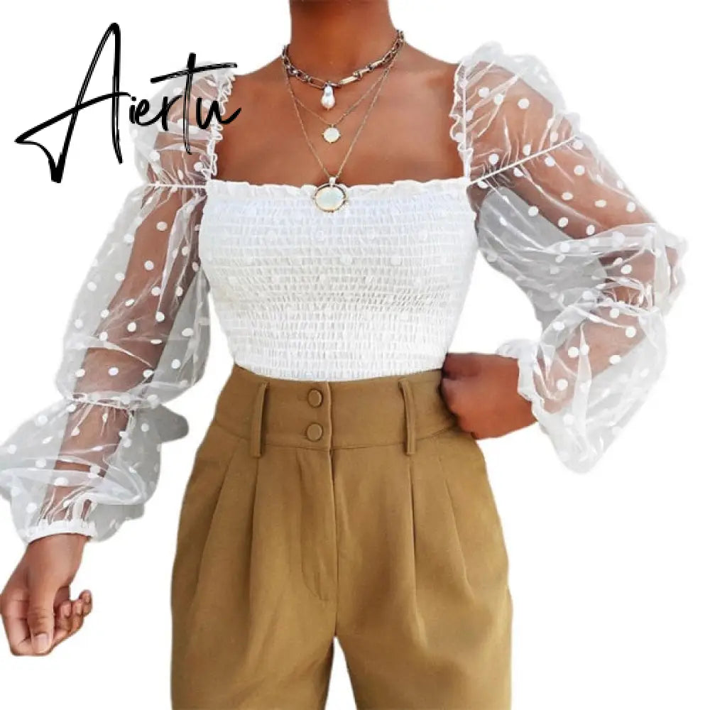 AIERTU Shirts Women Blouse Female Fashion Long Puff Sleeve Solid Top Femme Casual Transparent Blusas Top Plus Size Womens Tunic Aiertu