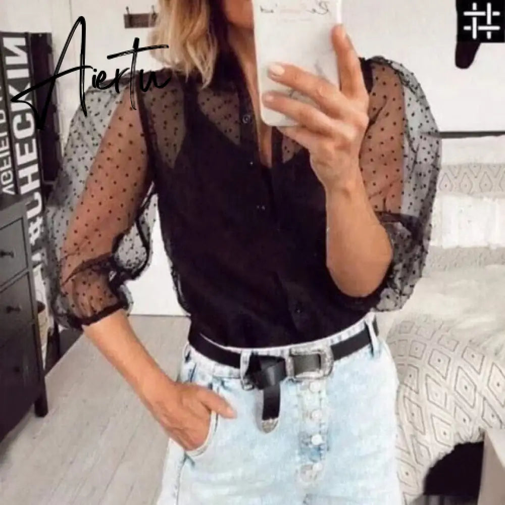 AIERTU Shirts Women Blouse Female Fashion Long Puff Sleeve Solid Top Femme Casual Transparent Blusas Top Plus Size Womens Tunic Aiertu