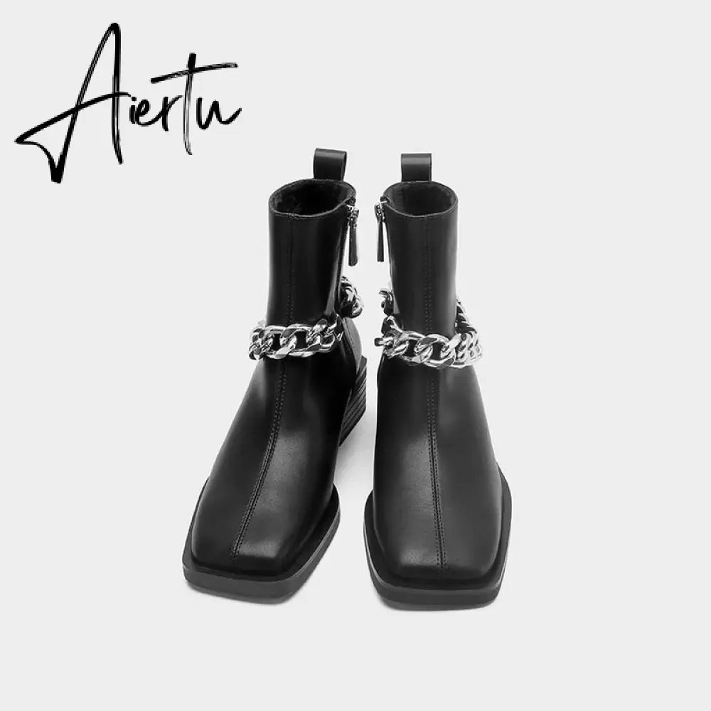 Aiertu Shoes For Women Autumn Winter Fashion Show All-match White/Black Metal Chain Decoration Martin Chelsea Boots Thick-soled Ca Aiertu