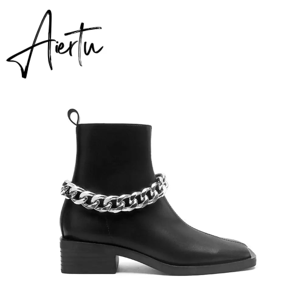 Aiertu Shoes For Women Autumn Winter Fashion Show All-match White/Black Metal Chain Decoration Martin Chelsea Boots Thick-soled Ca Aiertu