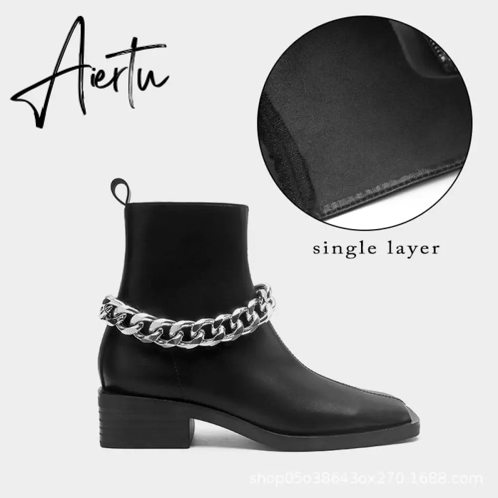 Aiertu Shoes For Women Autumn Winter Fashion Show All-match White/Black Metal Chain Decoration Martin Chelsea Boots Thick-soled Ca Aiertu