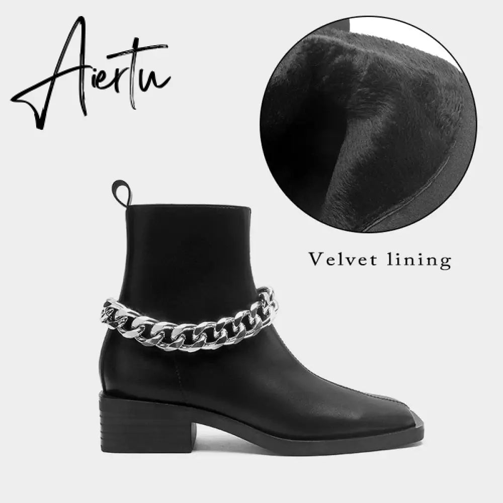 Aiertu Shoes For Women Autumn Winter Fashion Show All-match White/Black Metal Chain Decoration Martin Chelsea Boots Thick-soled Ca Aiertu