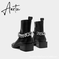 Aiertu Shoes For Women Autumn Winter Fashion Show All-match White/Black Metal Chain Decoration Martin Chelsea Boots Thick-soled Ca Aiertu