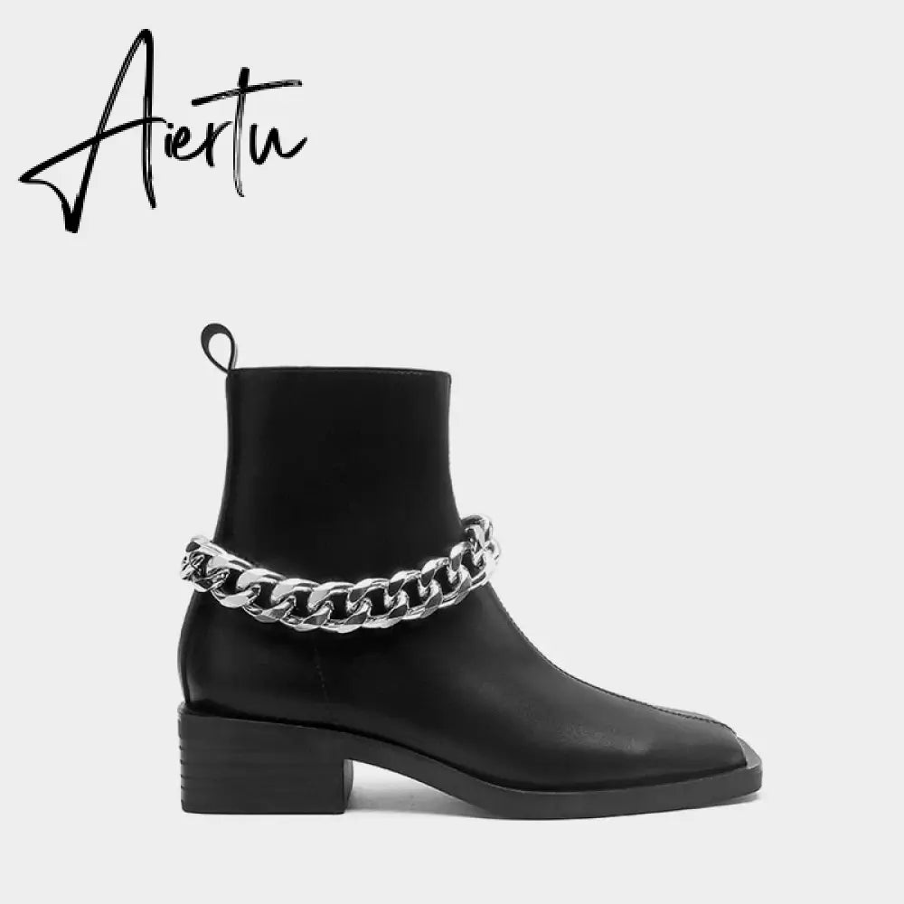 Aiertu Shoes For Women Autumn Winter Fashion Show All-match White/Black Metal Chain Decoration Martin Chelsea Boots Thick-soled Ca Aiertu