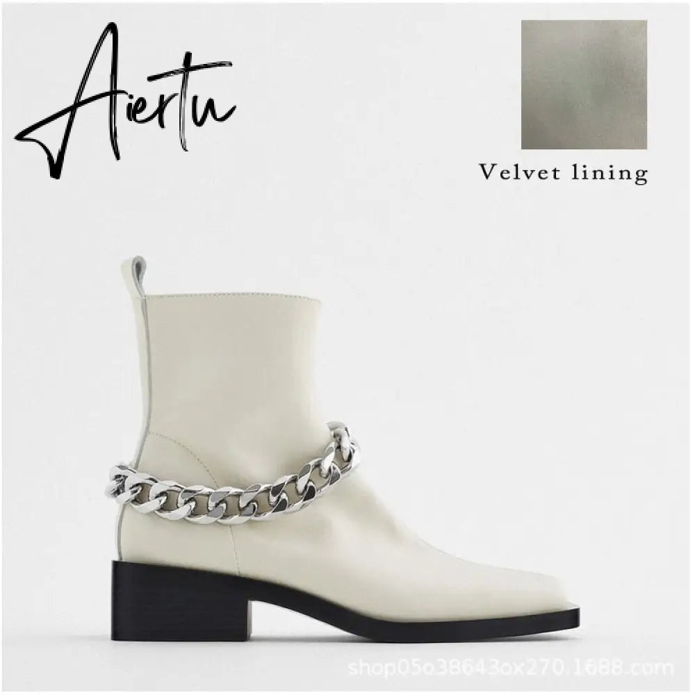 Aiertu Shoes For Women Autumn Winter Fashion Show All-match White/Black Metal Chain Decoration Martin Chelsea Boots Thick-soled Ca Aiertu