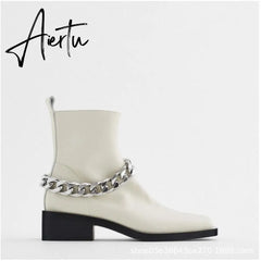 Aiertu Shoes For Women Autumn Winter Fashion Show All-match White/Black Metal Chain Decoration Martin Chelsea Boots Thick-soled Ca Aiertu