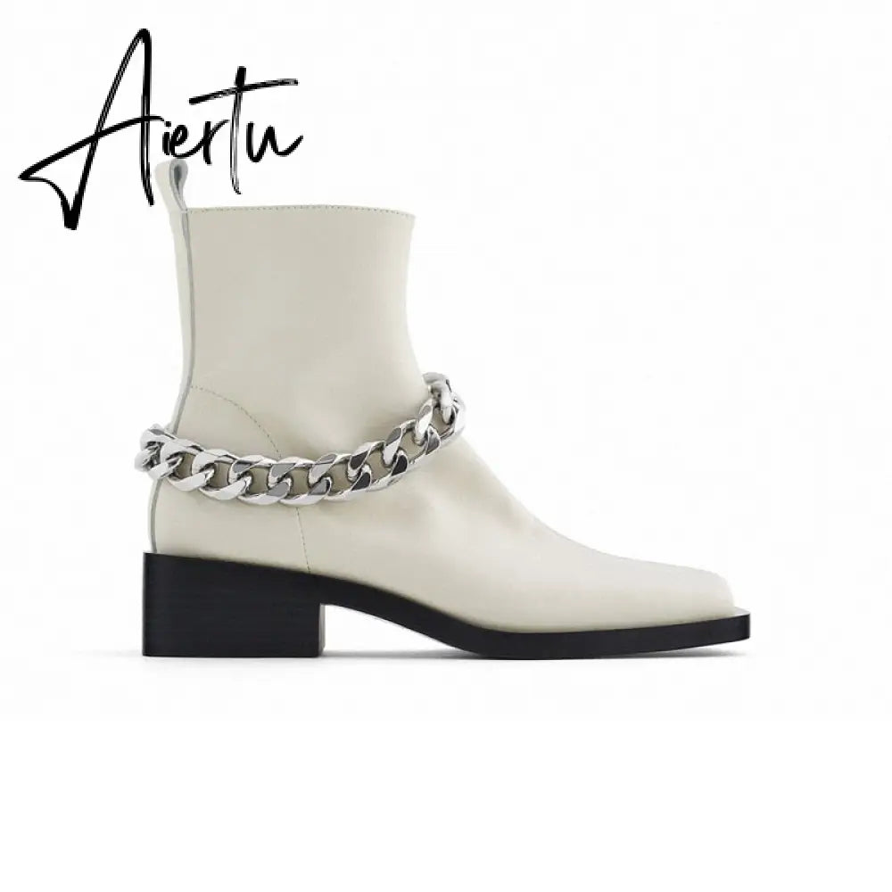 Aiertu Shoes For Women Autumn Winter Fashion Show All-match White/Black Metal Chain Decoration Martin Chelsea Boots Thick-soled Ca Aiertu