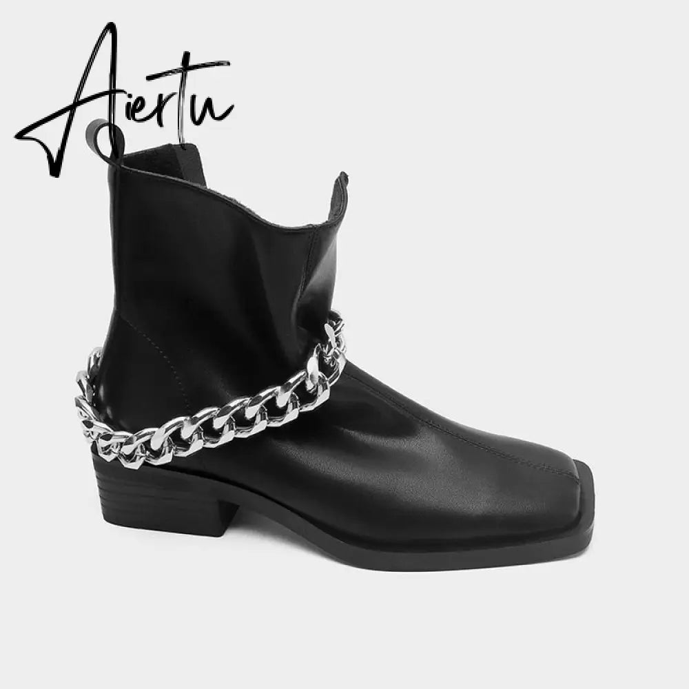 Aiertu Shoes For Women Autumn Winter Fashion Show All-match White/Black Metal Chain Decoration Martin Chelsea Boots Thick-soled Ca Aiertu