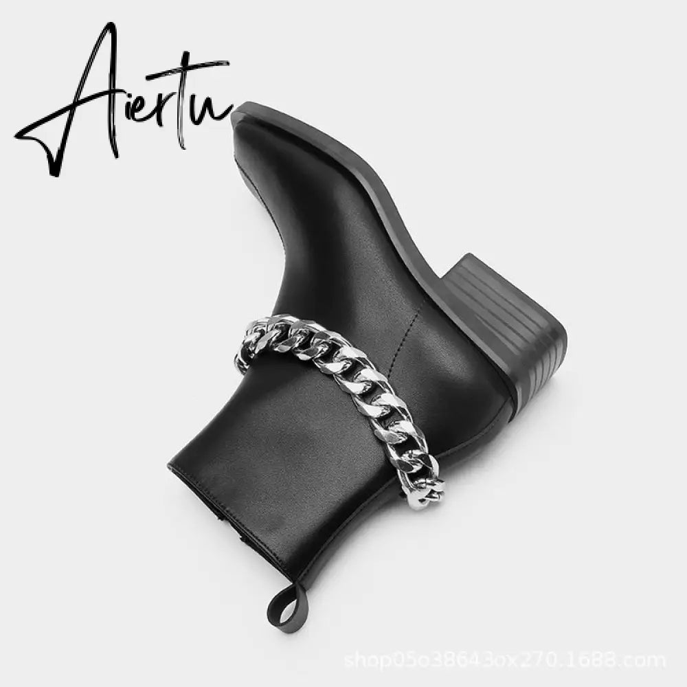 Aiertu Shoes For Women Autumn Winter Fashion Show All-match White/Black Metal Chain Decoration Martin Chelsea Boots Thick-soled Ca Aiertu