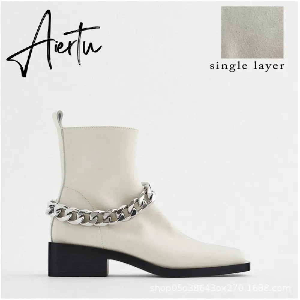 Aiertu Shoes For Women Autumn Winter Fashion Show All-match White/Black Metal Chain Decoration Martin Chelsea Boots Thick-soled Ca Aiertu