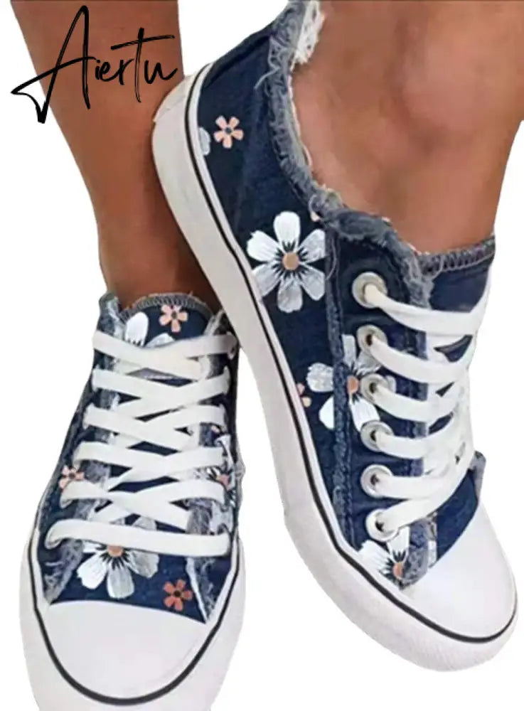 Aiertu Shoes Women Low Top Canvas Shoes Retro Single Shoes Ladies Denim Fabric Lace Up Casual Shoes Female Sneakers Size 43 Aiertu