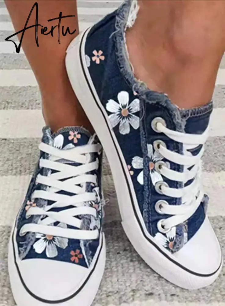 Aiertu Shoes Women Low Top Canvas Shoes Retro Single Shoes Ladies Denim Fabric Lace Up Casual Shoes Female Sneakers Size 43 Aiertu