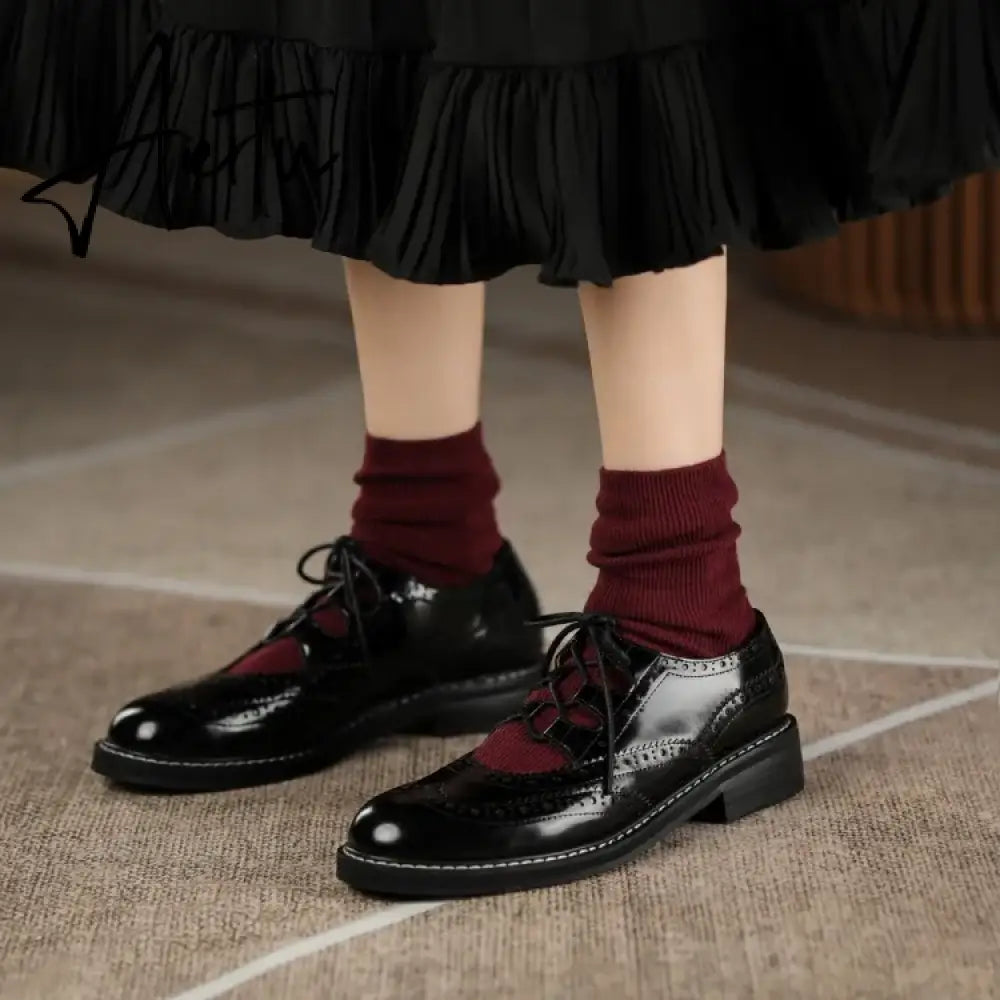 Aiertu Shoes Women Split leather Shoes for Women Spring/Autumn Women Loafers Summer Brogues Vintage Lace-up Shoes Women Pumps Aiertu