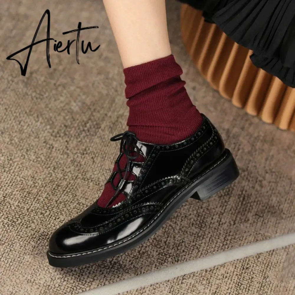 Aiertu Shoes Women Split leather Shoes for Women Spring/Autumn Women Loafers Summer Brogues Vintage Lace-up Shoes Women Pumps Aiertu