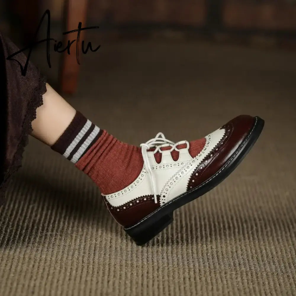 Aiertu Shoes Women Split leather Shoes for Women Spring/Autumn Women Loafers Summer Brogues Vintage Lace-up Shoes Women Pumps Aiertu