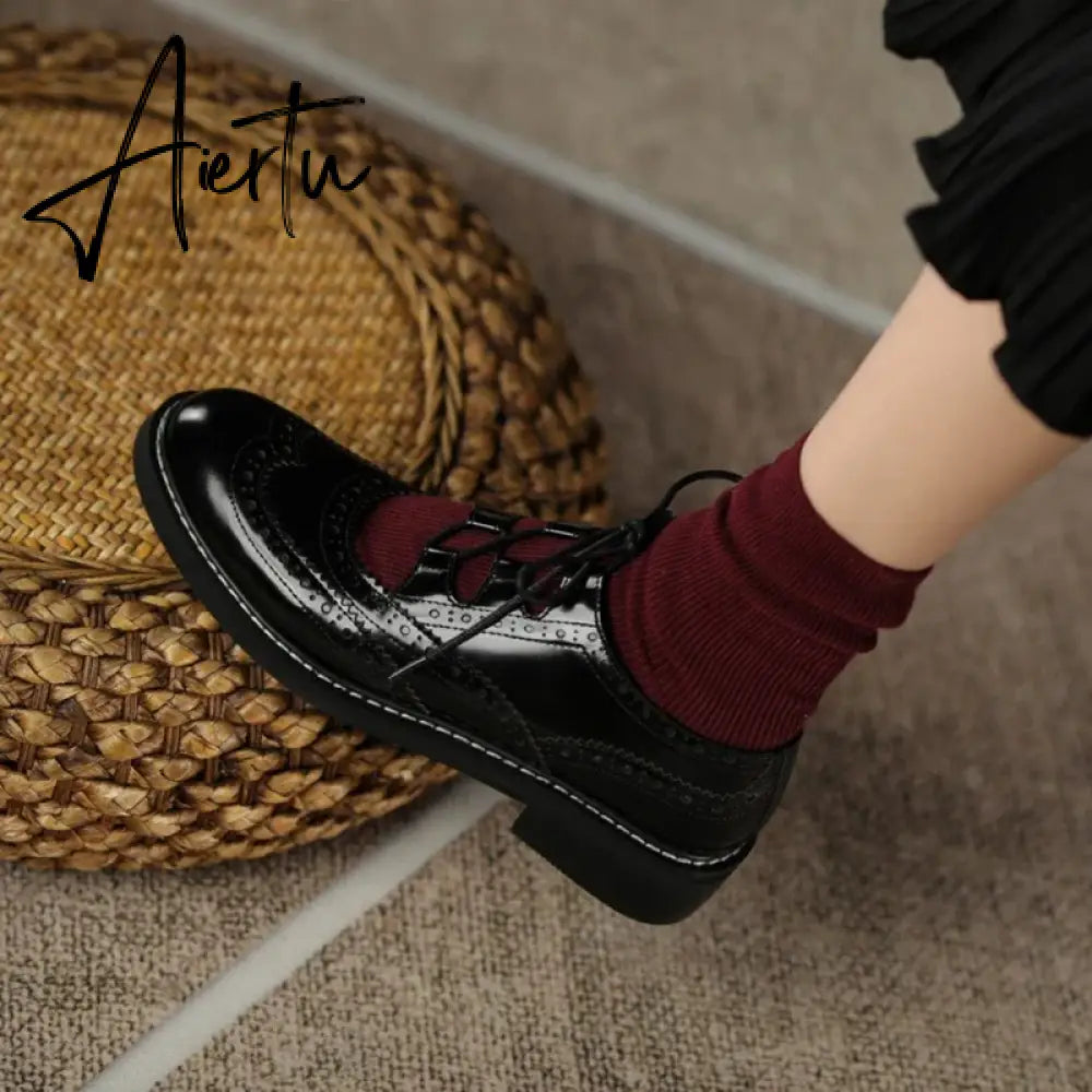 Aiertu Shoes Women Split leather Shoes for Women Spring/Autumn Women Loafers Summer Brogues Vintage Lace-up Shoes Women Pumps Aiertu