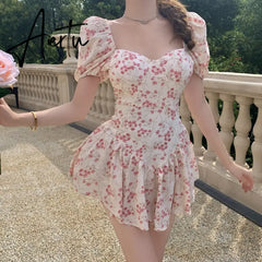 Aiertu  Short Sleeve Floral Dress Mini Sexy Women  Puff Sleeve Dress Vintage Slim French Square Collar New Summer Femme Clothes Aiertu