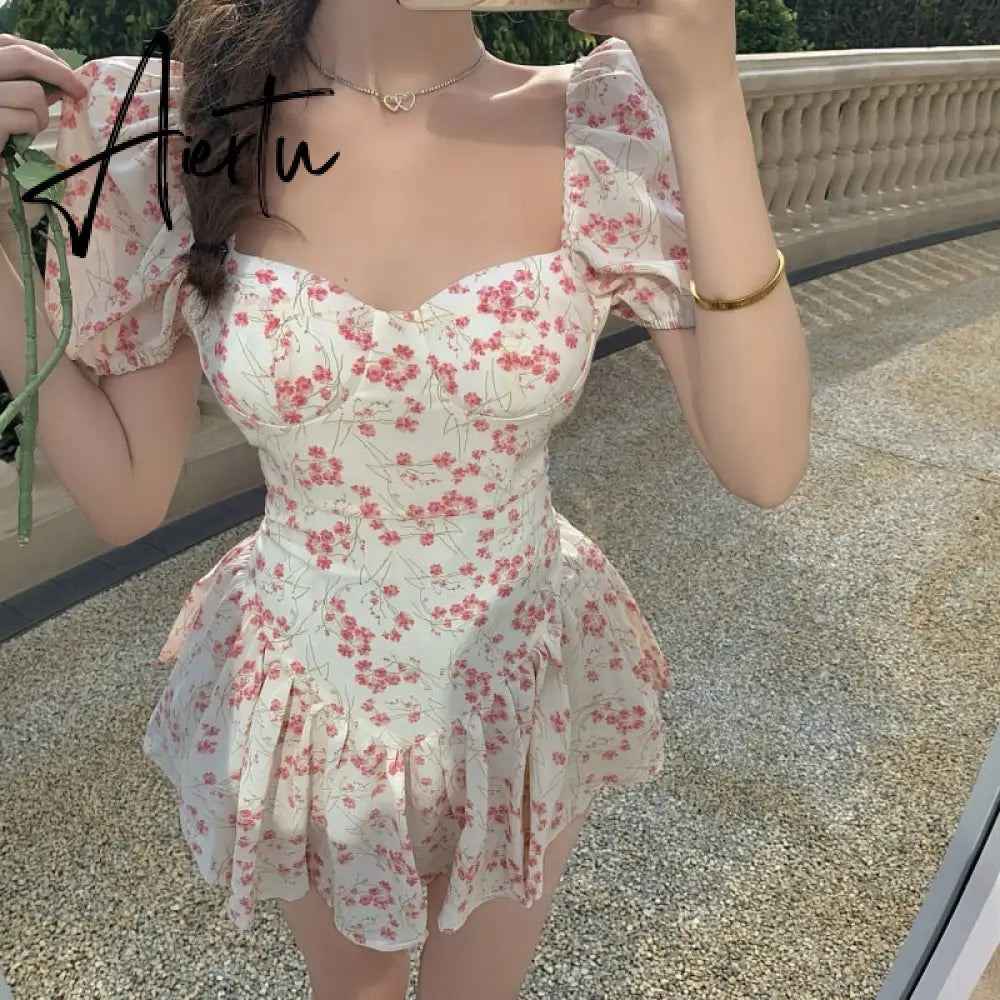 Aiertu  Short Sleeve Floral Dress Mini Sexy Women  Puff Sleeve Dress Vintage Slim French Square Collar New Summer Femme Clothes Aiertu