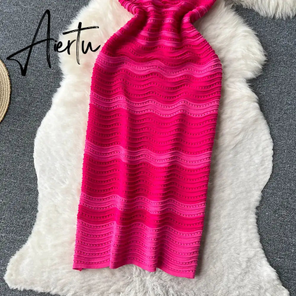 Aiertu   Short Sleeves Striped Long Dress Lapel Neck Hollow Out Slim  Sundress Fashion Hot sweet Knitted Beach Midi Dress Aiertu