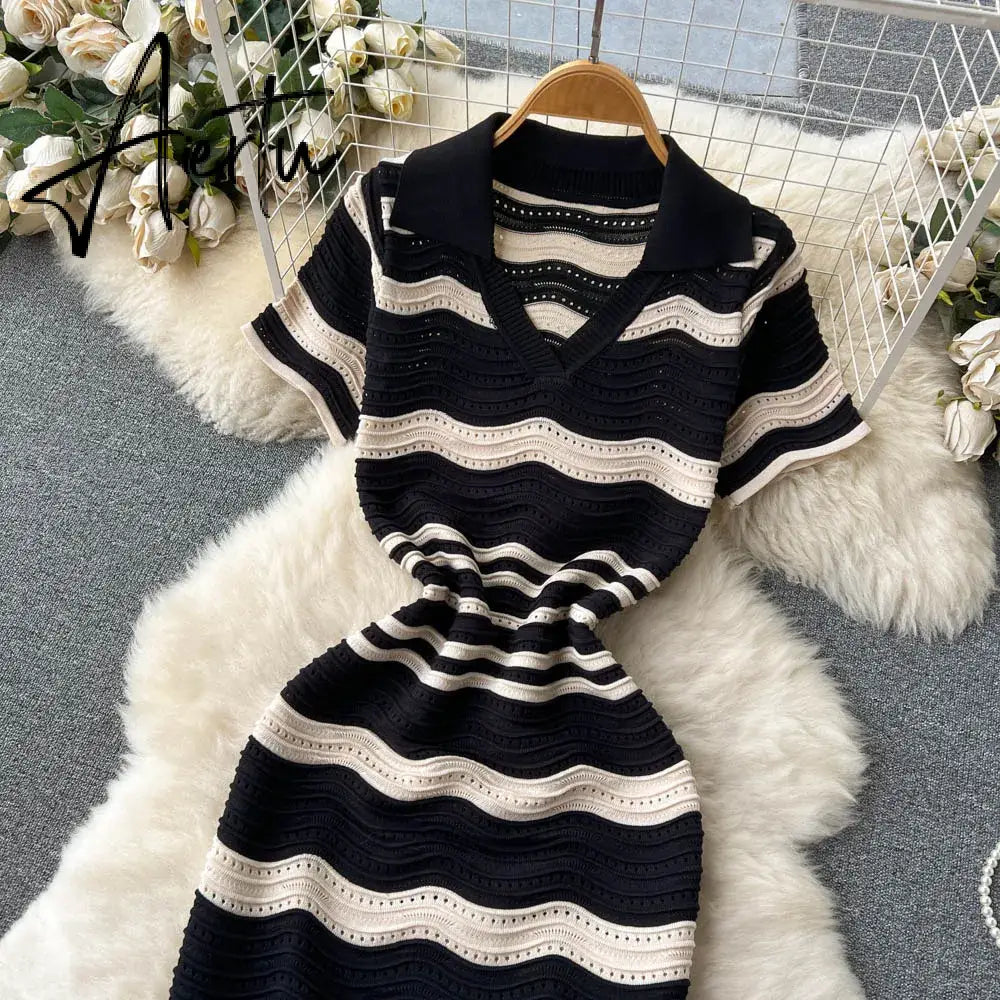 Aiertu   Short Sleeves Striped Long Dress Lapel Neck Hollow Out Slim  Sundress Fashion Hot sweet Knitted Beach Midi Dress Aiertu