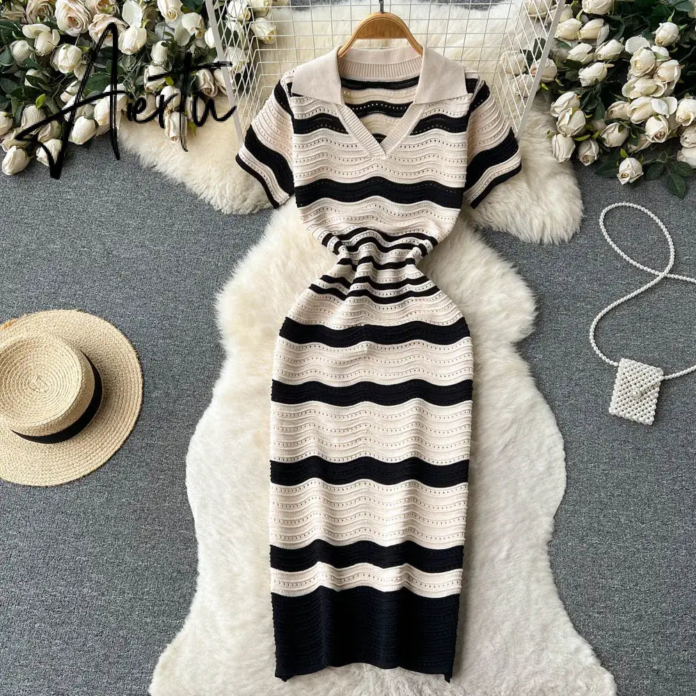 Aiertu   Short Sleeves Striped Long Dress Lapel Neck Hollow Out Slim  Sundress Fashion Hot sweet Knitted Beach Midi Dress Aiertu