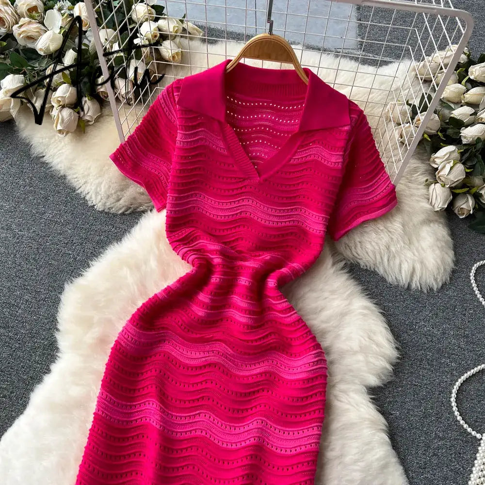 Aiertu   Short Sleeves Striped Long Dress Lapel Neck Hollow Out Slim  Sundress Fashion Hot sweet Knitted Beach Midi Dress Aiertu