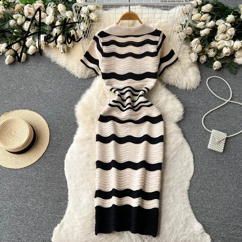 Aiertu   Short Sleeves Striped Long Dress Lapel Neck Hollow Out Slim  Sundress Fashion Hot sweet Knitted Beach Midi Dress Aiertu