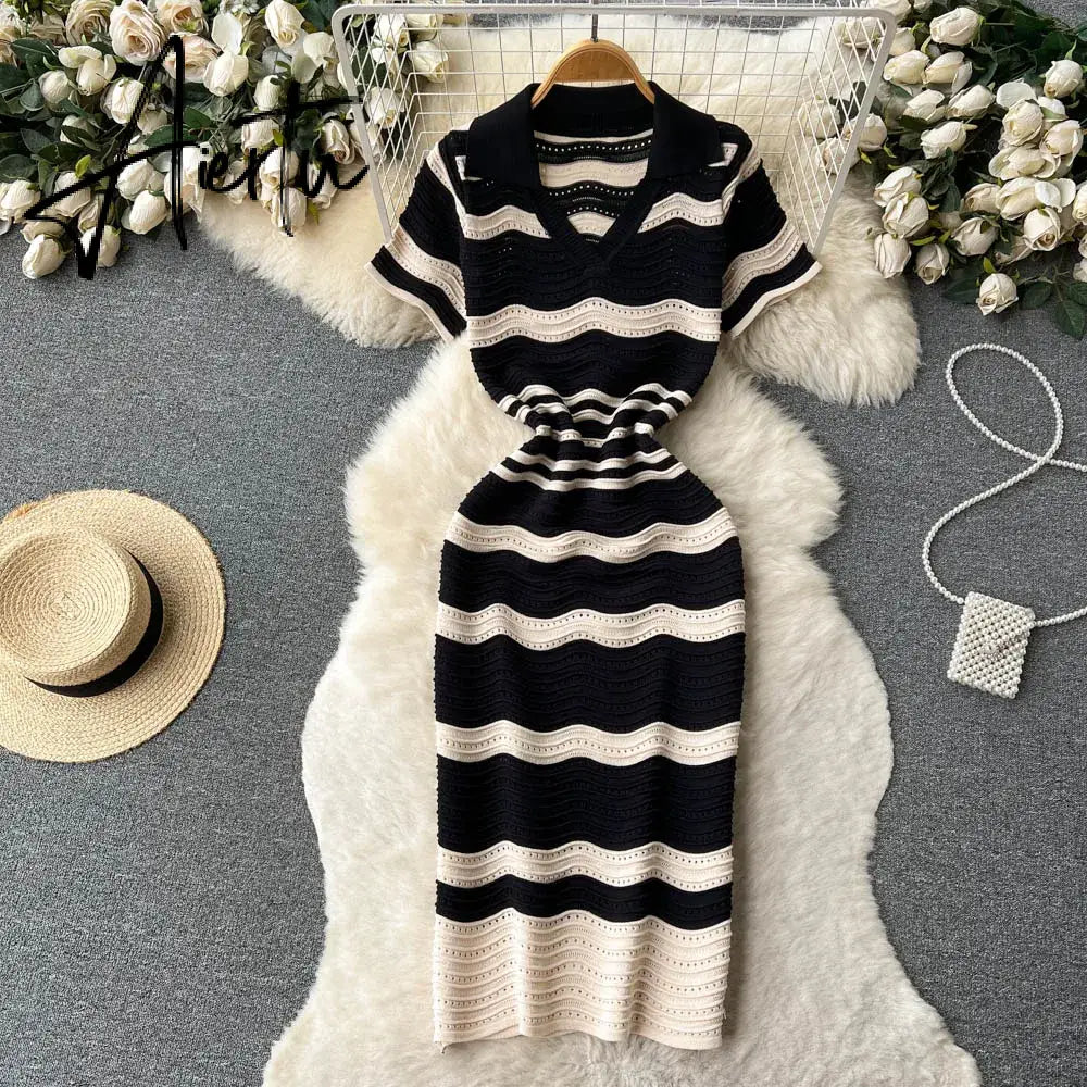 Aiertu   Short Sleeves Striped Long Dress Lapel Neck Hollow Out Slim  Sundress Fashion Hot sweet Knitted Beach Midi Dress Aiertu