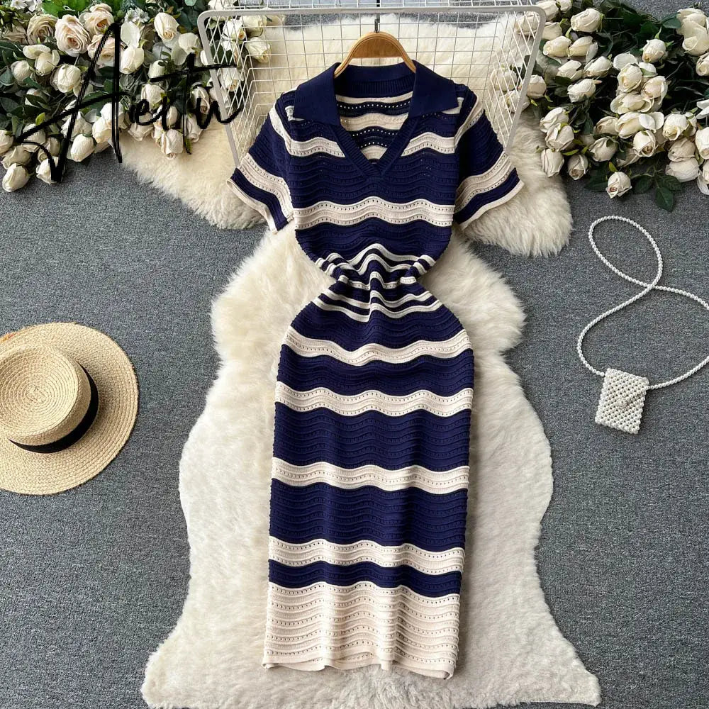 Aiertu   Short Sleeves Striped Long Dress Lapel Neck Hollow Out Slim  Sundress Fashion Hot sweet Knitted Beach Midi Dress Aiertu