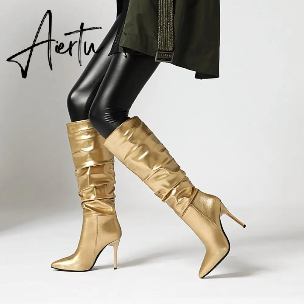 Aiertu Silver gold knee high boots women pleated pointed toe thin high heels dres party shoes autumn winter long boots woman Aiertu