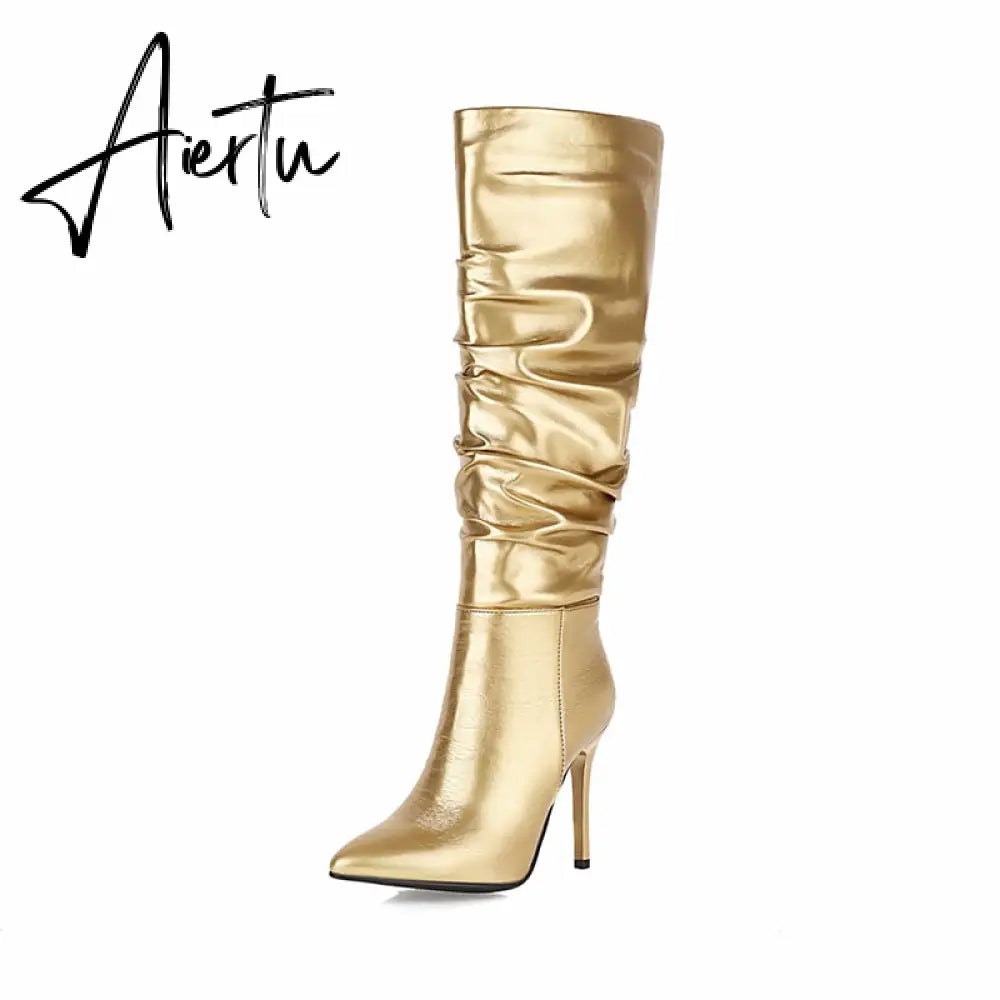 Aiertu Silver gold knee high boots women pleated pointed toe thin high heels dres party shoes autumn winter long boots woman Aiertu