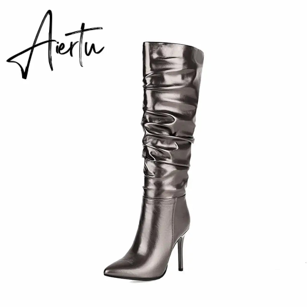 Aiertu Silver gold knee high boots women pleated pointed toe thin high heels dres party shoes autumn winter long boots woman Aiertu