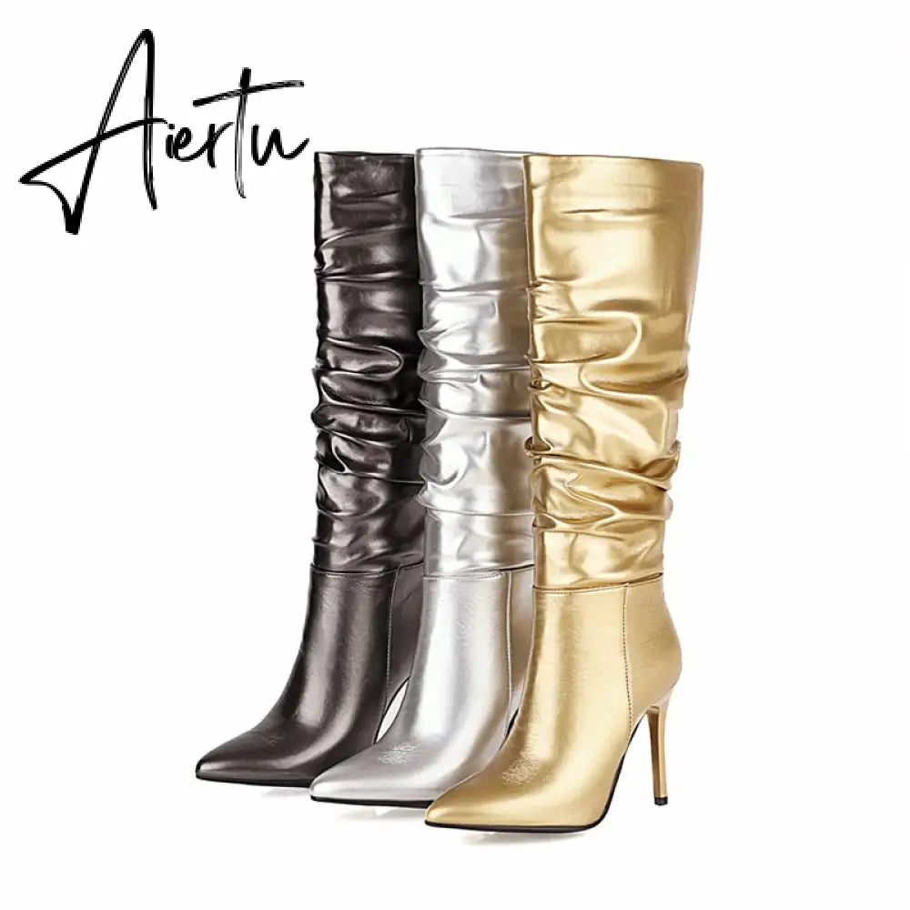 Aiertu Silver gold knee high boots women pleated pointed toe thin high heels dres party shoes autumn winter long boots woman Aiertu