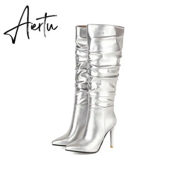 Aiertu Silver gold knee high boots women pleated pointed toe thin high heels dres party shoes autumn winter long boots woman Aiertu