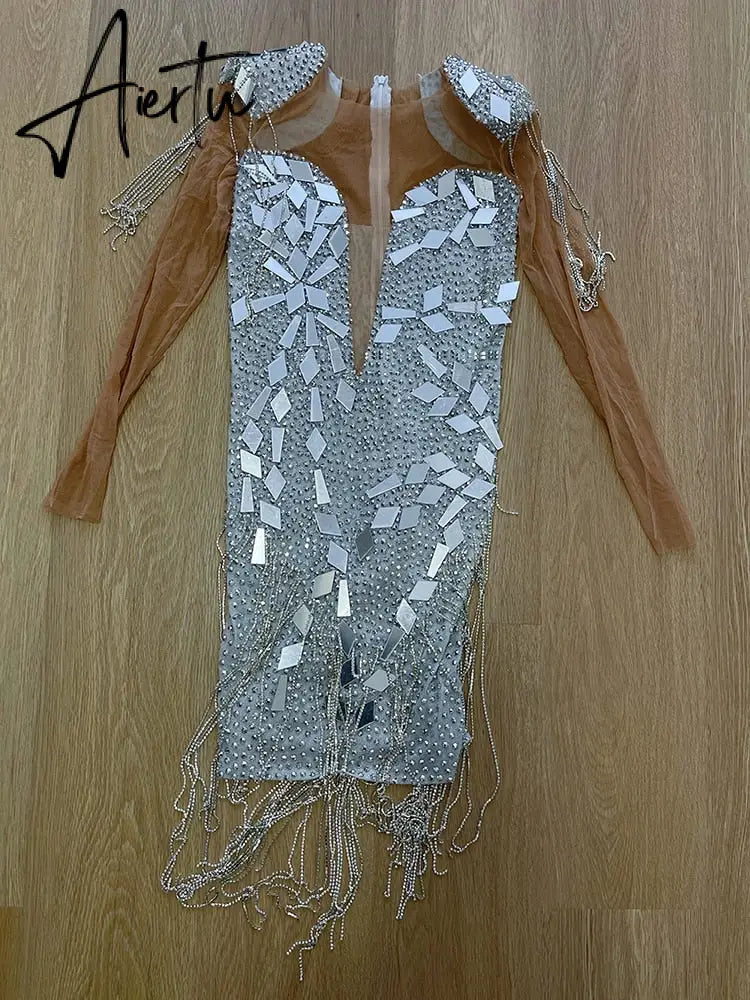Aiertu Silver Mirrors Crystals Chains Mesh Dress See Through Birthday Party Celebrate Fringes Costume Nightclub outfit Aiertu