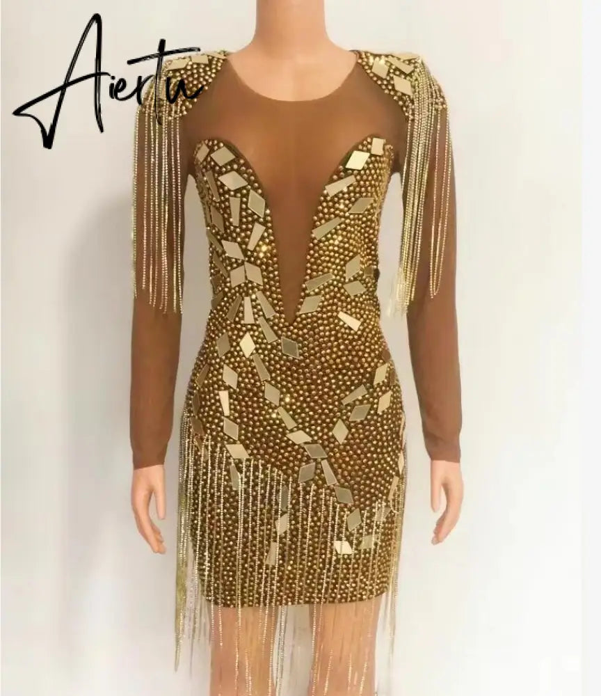 Aiertu Silver Mirrors Crystals Chains Mesh Dress See Through Birthday Party Celebrate Fringes Costume Nightclub outfit Aiertu