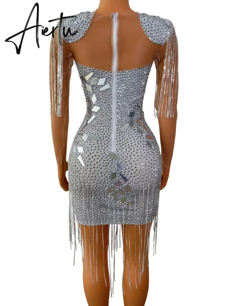 Aiertu Silver Mirrors Crystals Chains Mesh Dress See Through Birthday Party Celebrate Fringes Costume Nightclub outfit Aiertu