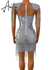 Aiertu Silver Mirrors Crystals Chains Mesh Dress See Through Birthday Party Celebrate Fringes Costume Nightclub outfit Aiertu