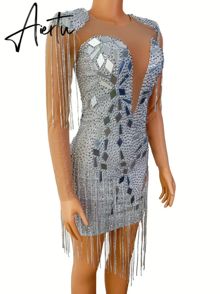 Aiertu Silver Mirrors Crystals Chains Mesh Dress See Through Birthday Party Celebrate Fringes Costume Nightclub outfit Aiertu