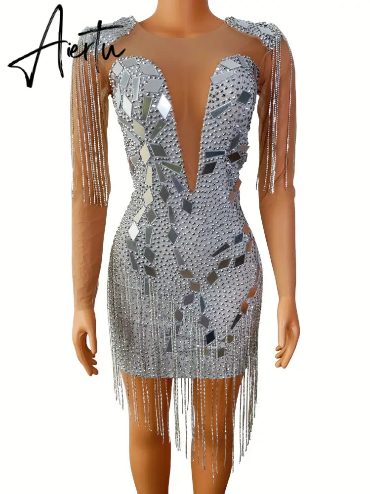 Aiertu Silver Mirrors Crystals Chains Mesh Dress See Through Birthday Party Celebrate Fringes Costume Nightclub outfit Aiertu
