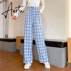 Aiertu Simple Vintage Plaid Causal Long Women Pants Street Fashion Straight Wide Leg Pant Aiertu