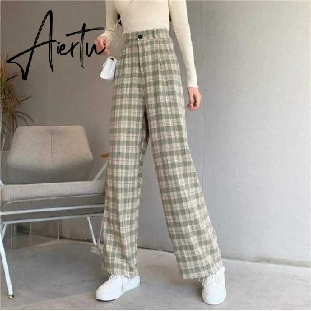 Aiertu Simple Vintage Plaid Causal Long Women Pants Street Fashion Straight Wide Leg Pant Aiertu