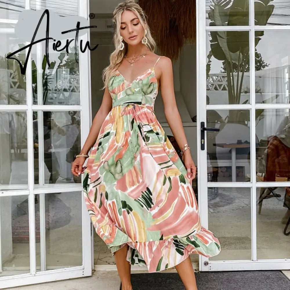 Aiertu Simplee Casual green sling print women dress Summer sexy V-neck holiday style maxi dress Elegant High-waist lace-up ruffle dress Aiertu