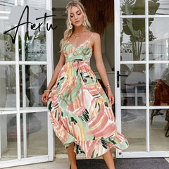 Aiertu Simplee Casual green sling print women dress Summer sexy V-neck holiday style maxi dress Elegant High-waist lace-up ruffle dress Aiertu